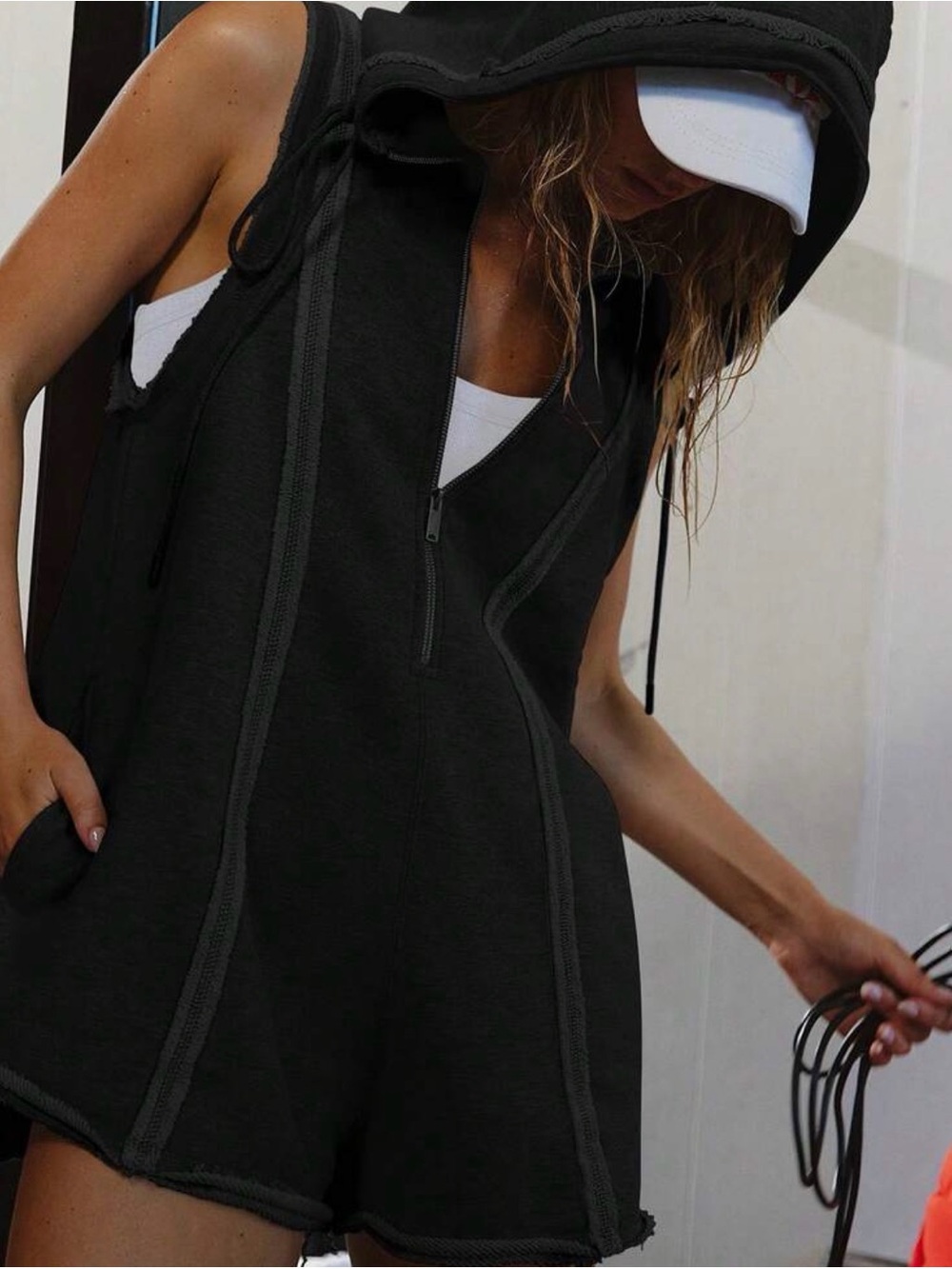 Sleeveless Hooded Romper in Black